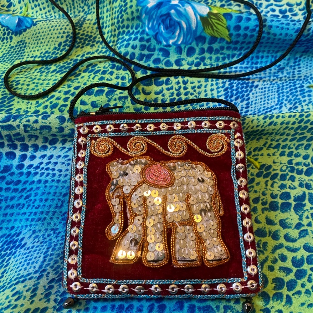 Embroidered sequined velvet Elephant Crossbody Bag with tiny bell accents